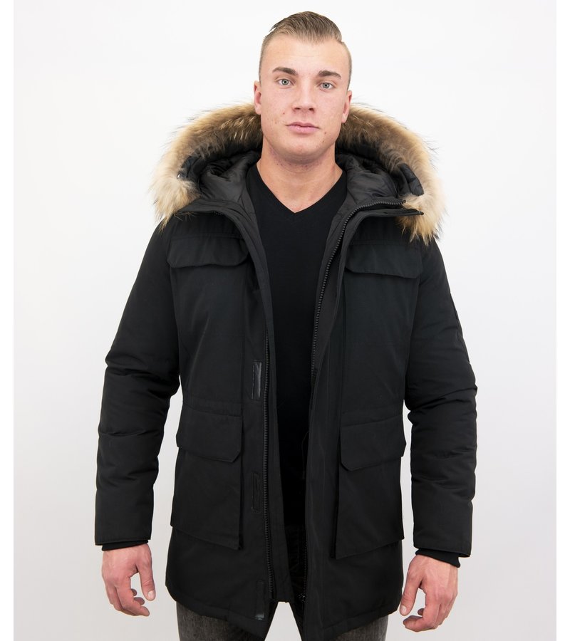 Enos  Parka Chaqueta de invierno - Cuello Grande De Piel Real - Negro