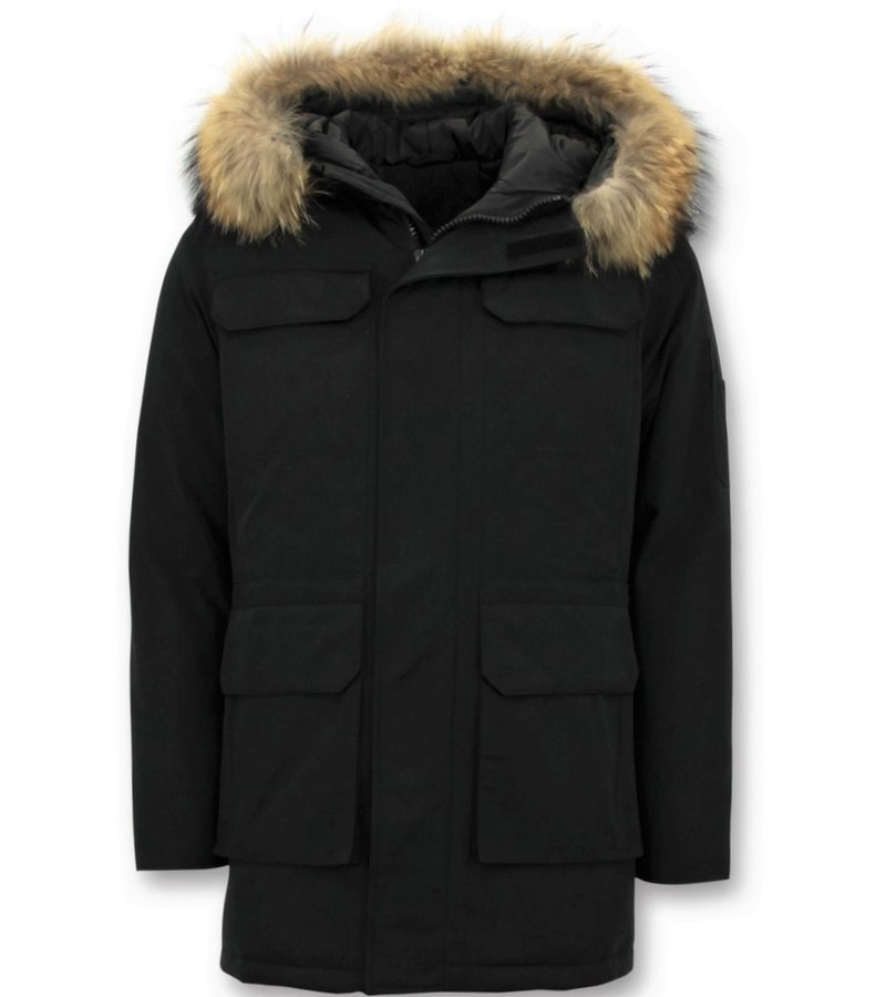 Enos  Parka Chaqueta de invierno - Cuello Grande De Piel Real - Negro