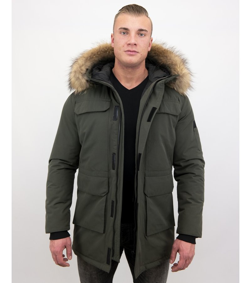 Enos Cuello Grande De Piel Real - Hombre Parka Chaqueta de invierno - Verde