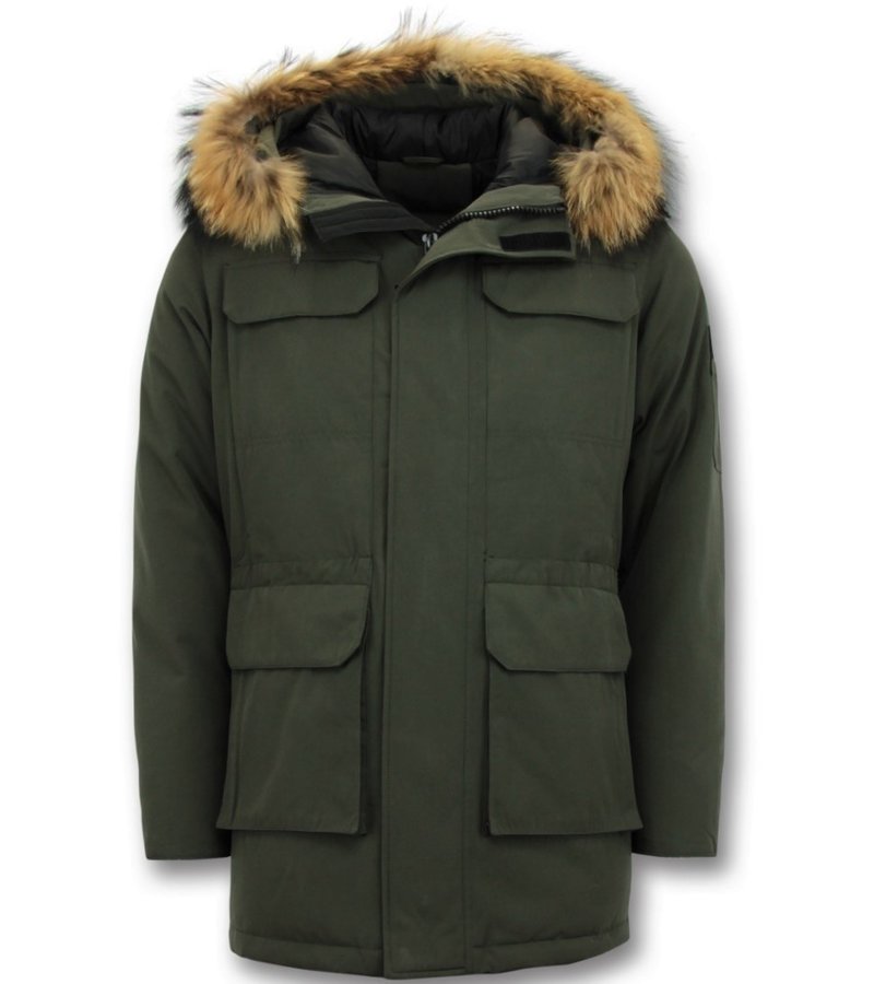 Enos Cuello Grande De Piel Real - Hombre Parka Chaqueta de invierno - Verde