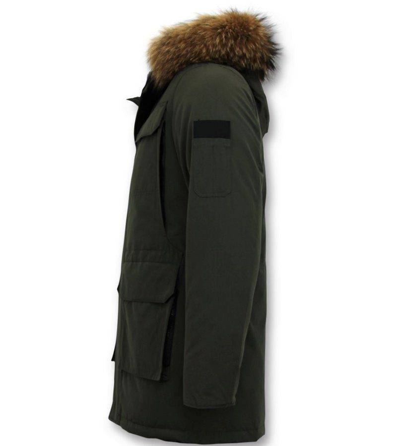 Enos Cuello Grande De Piel Real - Hombre Parka Chaqueta de invierno - Verde