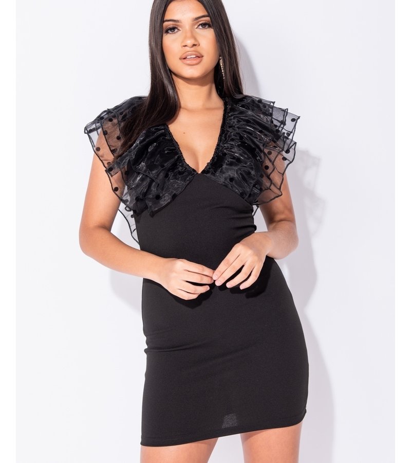 PARISIAN Lunares Sheer manga de la colmena V del cuello bodycon mini vestido - Mujer - Negro