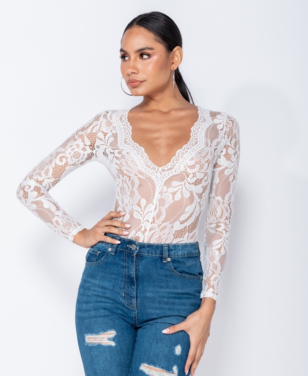 Body blanco encaje manga larga sale