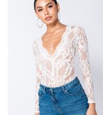 PARISIAN Sheer festoneado del borde del cordón de manga larga Body - Mujeres - Blanco