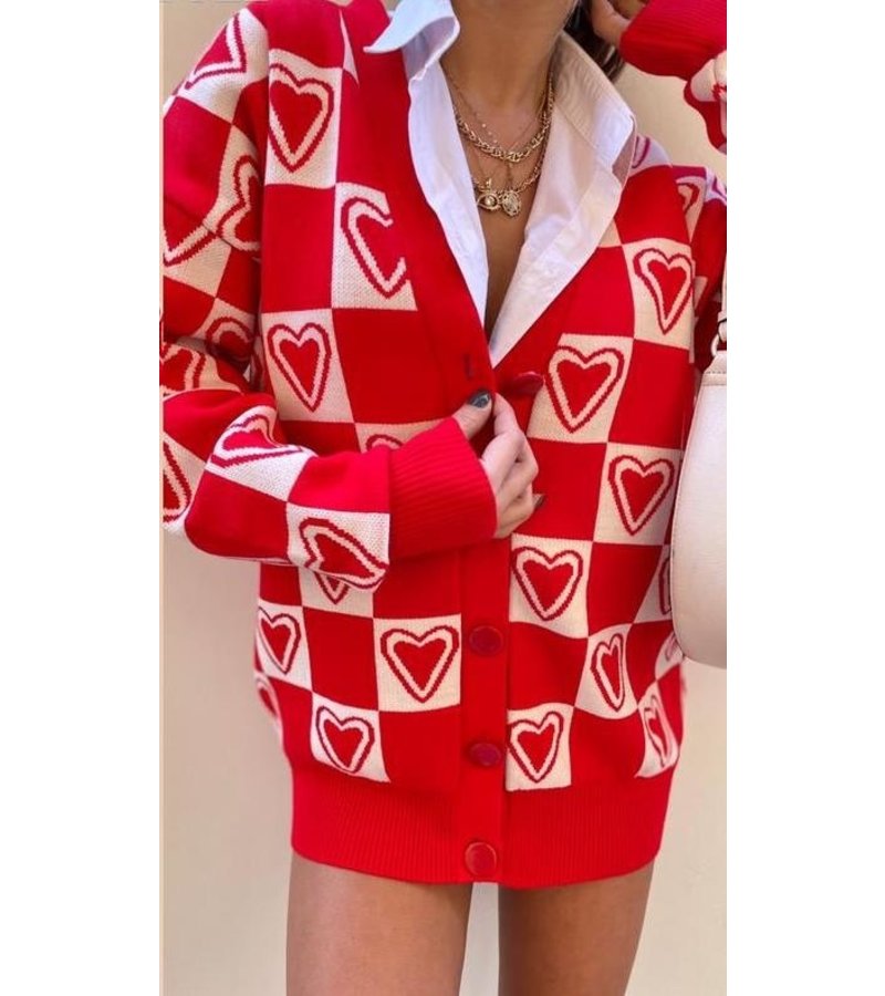 QU-Style Cárdigan Mujer Oversize Corazón Rojo -22254 - Rojo