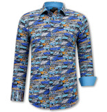 Gentile Bellini Camisa de Hombre con Estampado de Autos - 3112 - Azul