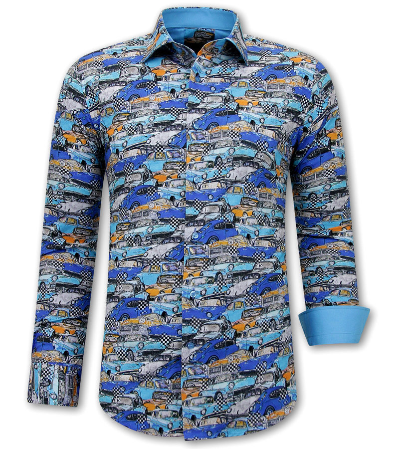 Gentile Bellini Camisa de Hombre con Estampado de Autos - 3112 - Azul
