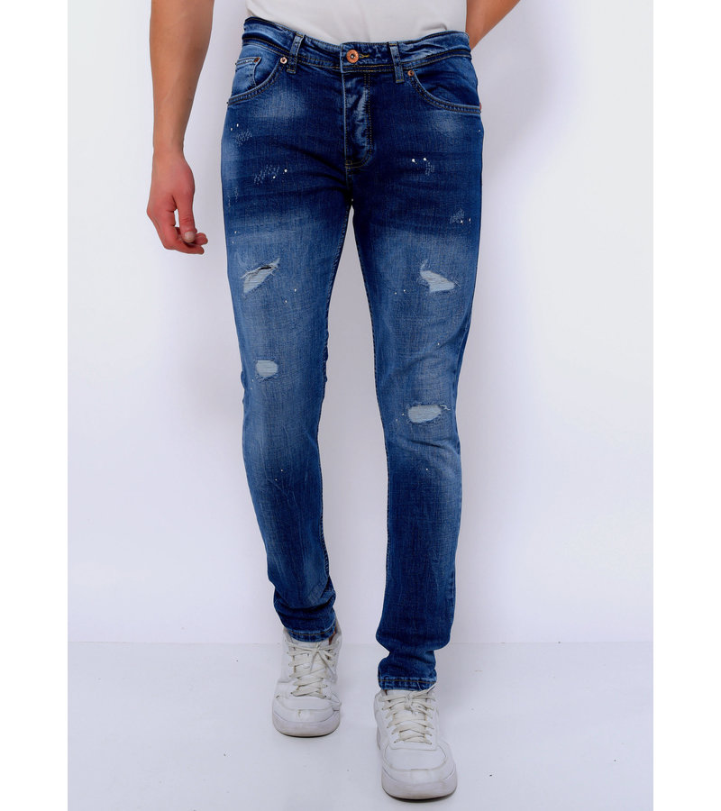 True Rise Slim Fit Jeans Con Salpicaduras De Pintura - DC-044 - Azul