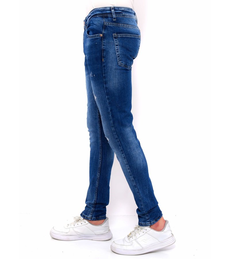 True Rise Slim Fit Jeans Con Salpicaduras De Pintura - DC-044 - Azul