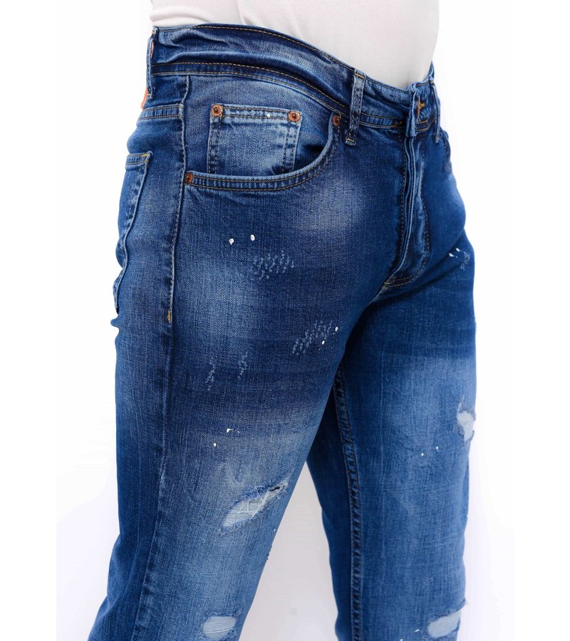 True Rise Slim Fit Jeans Con Salpicaduras De Pintura - DC-044 - Azul