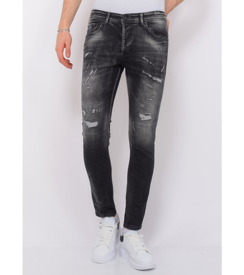 Local Fanatic Destroyed Jeans with Paint Splatter Hombre Slim Fit -1086 - Negro