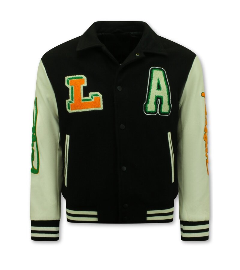 Enos Geborduurde Vintage Varsity Jacket  Heren Oversized  - 851 - Zwart