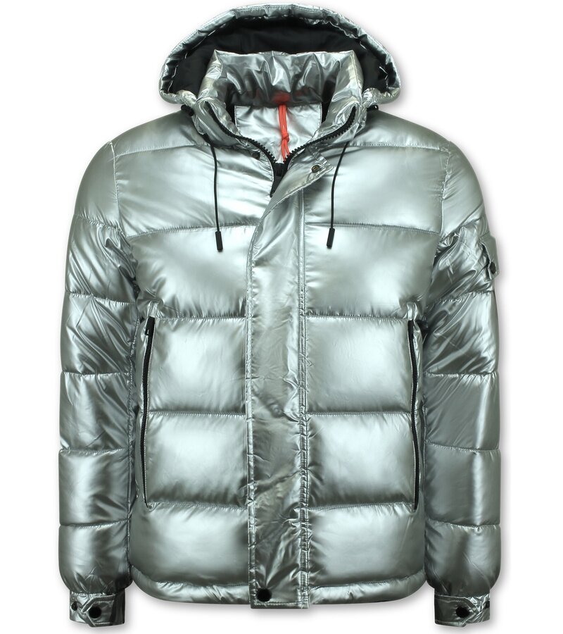 Enos Silver Puffer Jackets Hombre con capucha