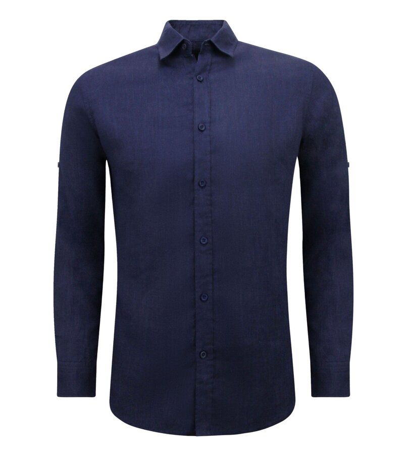 Enos Camisa de Lino para Hombre - Regular Fit - Blanco - Azul Oscuro