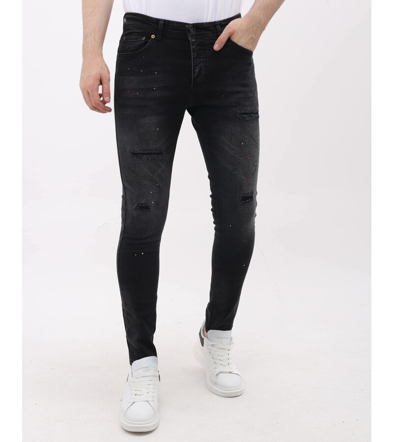 Mario Morato Vaqueros Slim Fit Rotos Hombre con Salpicaduras de Pintura - MM-S-116 - Negro