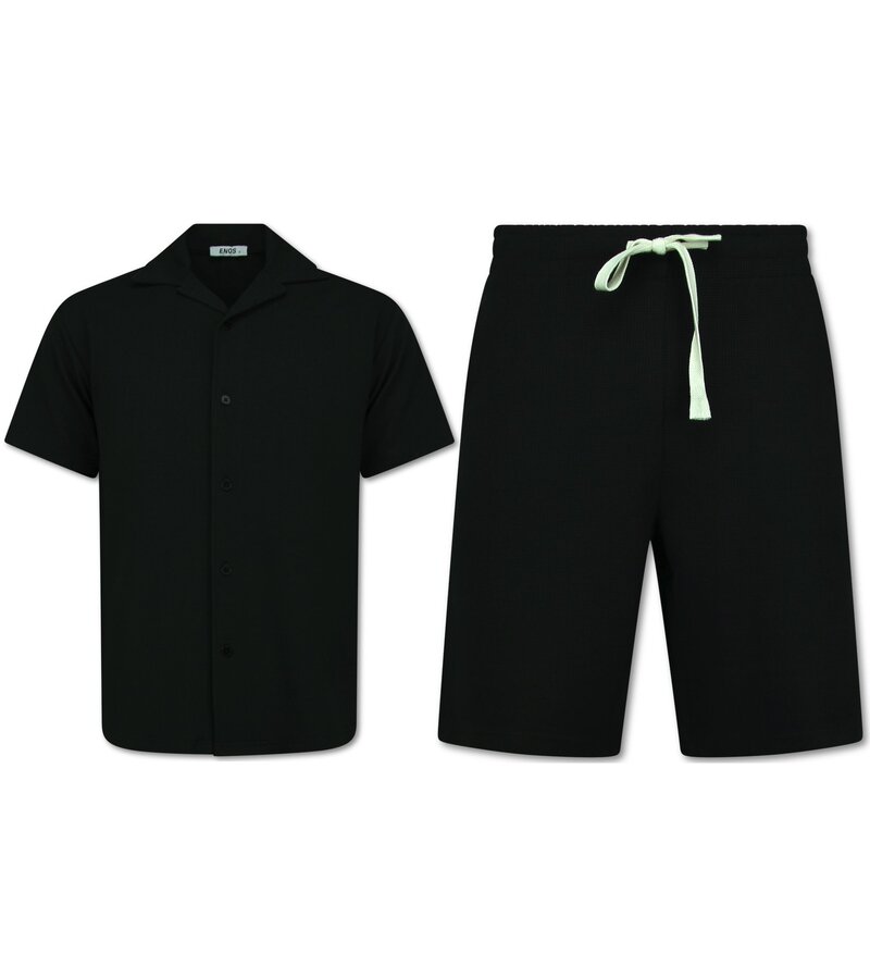 Enos Conjunto de dos piezas - Camisa holgada de canalé - Conjunto de verano para hombre - Conjunto de dos piezas - 915 - Negro