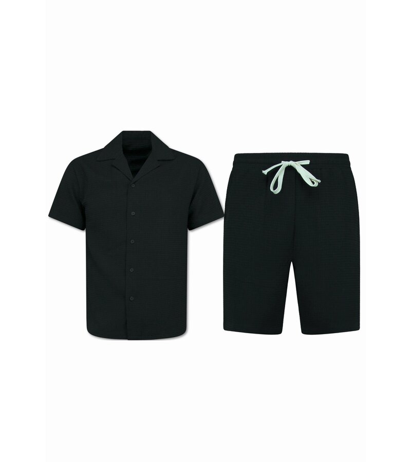 Martina Camisa oversize acanalada - Conjunto de verano para hombre - Dos piezas - Conjunto - 0095 - Negro