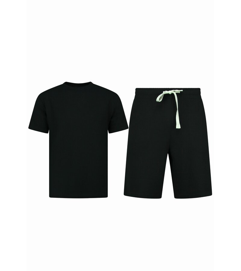 Enos Conjunto de verano para hombre - Oversize acanalado - Conjunto de dos piezas - Conjunto - F-918 - Negro