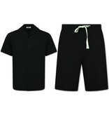 Enos Conjunto de dos piezas - Camisa holgada de canalé - Conjunto de verano para hombre - Conjunto de dos piezas - Conjunto a juego - F-915 - Negro