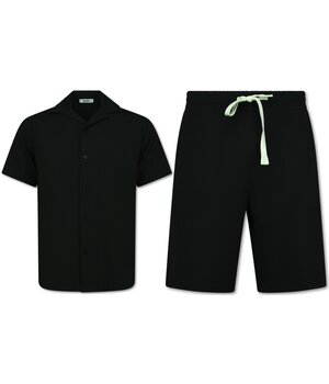 Enos Conjunto de dos piezas - Camisa holgada de canalé - Conjunto de verano para hombre - Conjunto de dos piezas - Conjunto a juego - F-915 - Negro