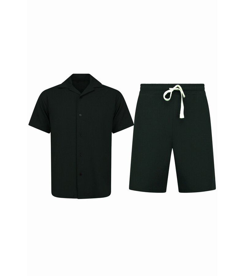 Enos Conjunto de dos piezas - Camisa holgada de canalé - Conjunto de verano para hombre - Conjunto de dos piezas - Conjunto a juego - F-915 - Negro