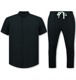 Enos Conjunto de lino de verano para hombre - Conjunto de lino para hombre - Camisa de lino para hombre - Pantalón de verano para hombre - MG-012 - Negro