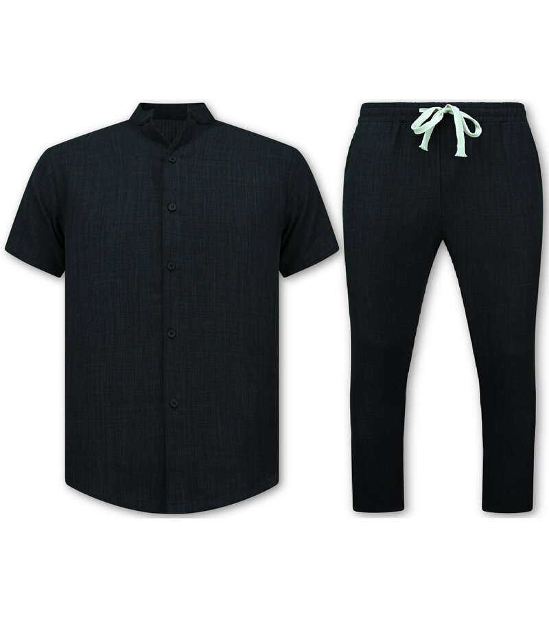 Enos Conjunto de lino de verano para hombre - Conjunto de lino para hombre - Camisa de lino para hombre - Pantalón de verano para hombre - MG-012 - Negro
