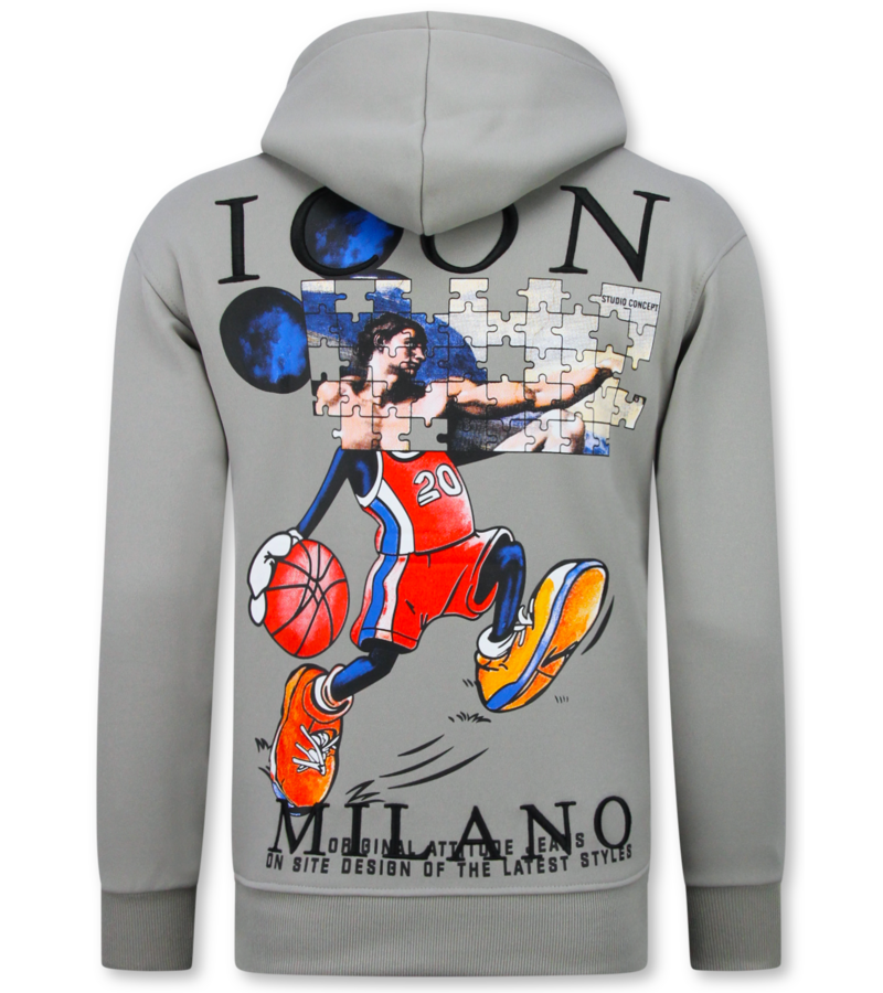 True Rise Sudadera con capucha extragrande para hombre - Estampado ICON Puzzle Milano - Tejido grueso - 5811 - Gris