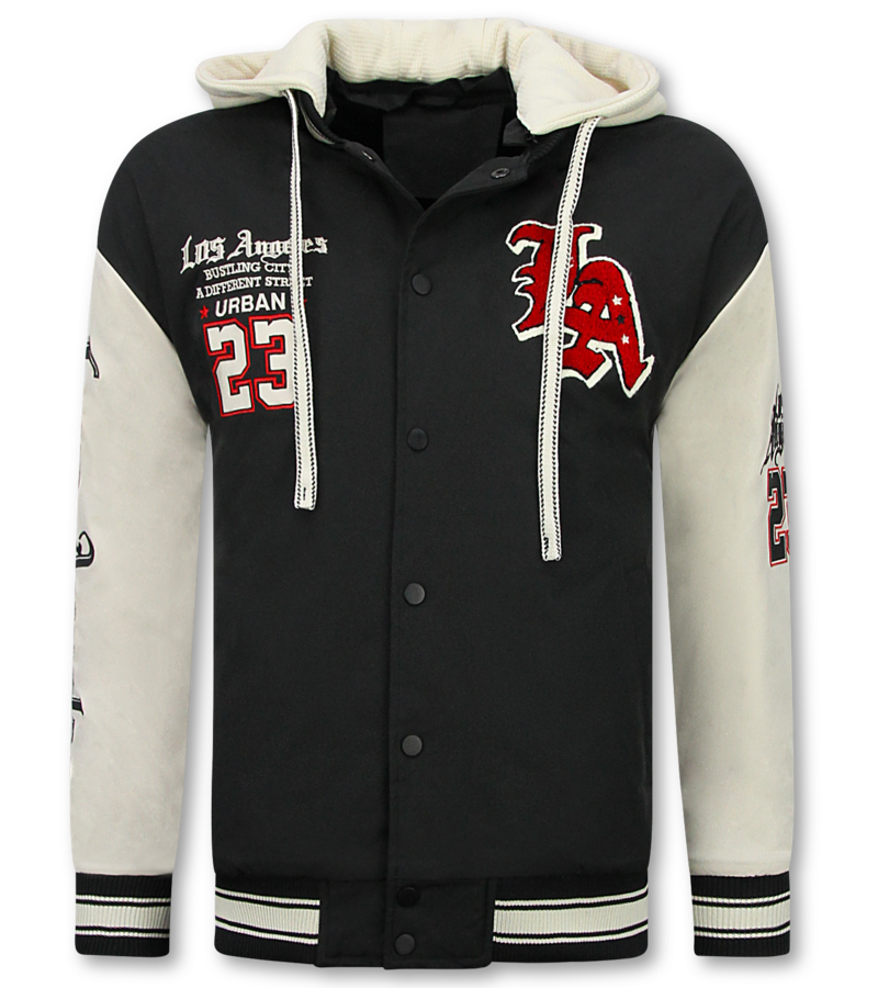 Enos Chaqueta de béisbol extragrande con capucha - Chaqueta bomber para hombre - 523 - Negra