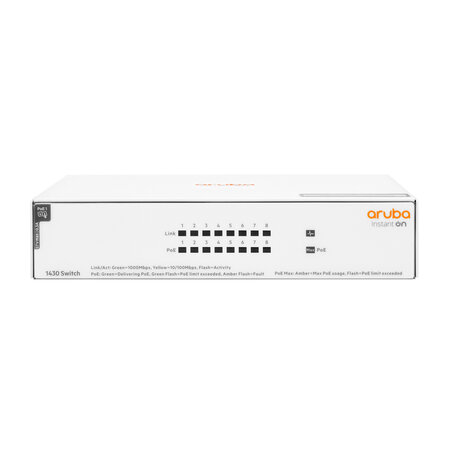 HP Enterprise Aruba Instant On 1430 8G Class4 PoE 64W Unmanaged L2 Gigabit Ethernet (10/100/1000) Power over Ethernet (PoE) Wit