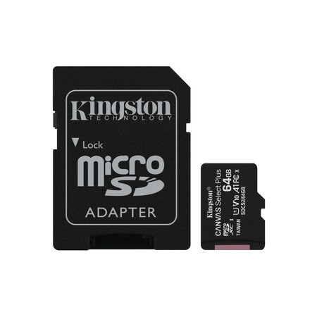 Kingston Kingston Technology 64GB micSDXC Canvas Select Plus 100R A1 C10 drievoudig pakket + enkele ADP