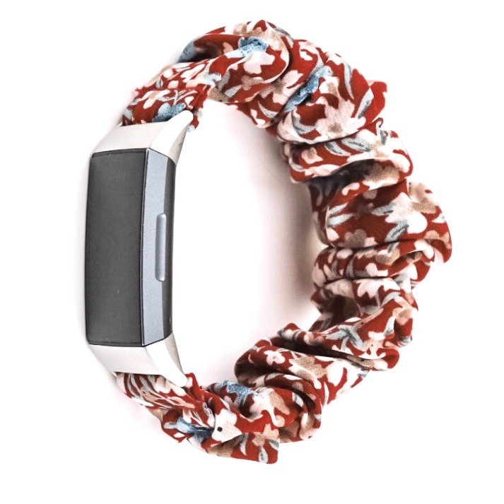 Fitbit Charge 3 & 4 scrunchie band - bloemen rood - Horlogeband Armband Polsband