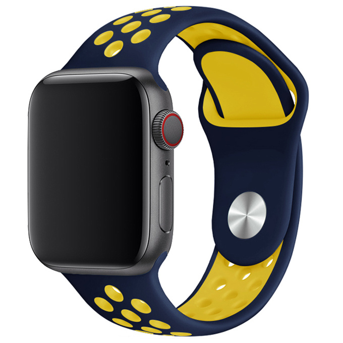 Apple Watch Dubbel Sport Bandje - Donkerblauw Geel - Geschikt voor 38mm/40mm/41mm - SM
