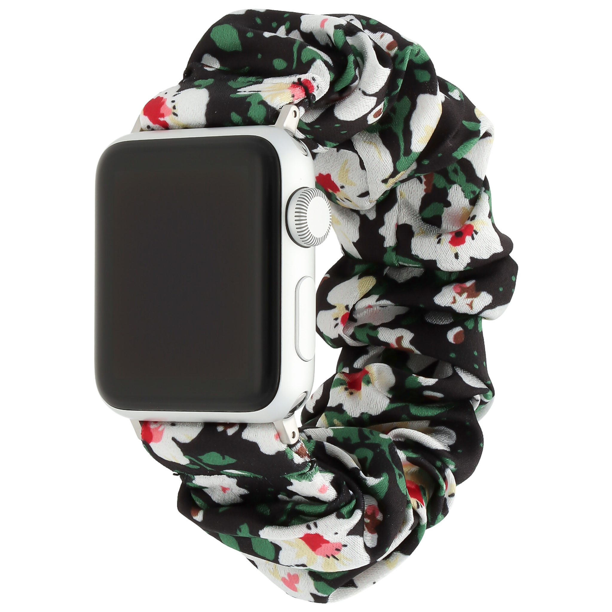 Apple Watch scrunchie band - zwart met witte bloemen - iwatch - Horlogeband Armband Polsband