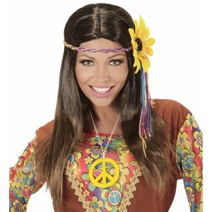 Pruik Hippie Bruin Met Meerkleuren Bloem Hoofdband