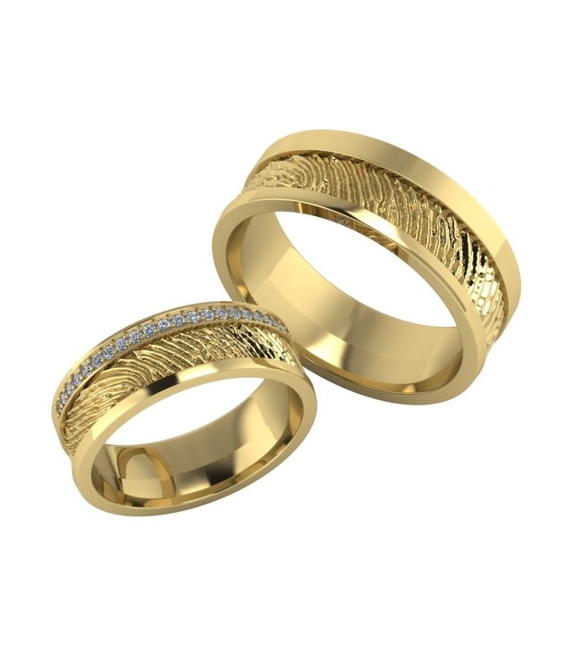 Touche trouwringen vingerafdruk en diamant (lab) geelgoud  TOUTR5