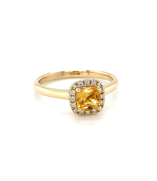 ROEMER ring 14K geelgoud vierkant entourage citrien met diamant 0.11ct 57