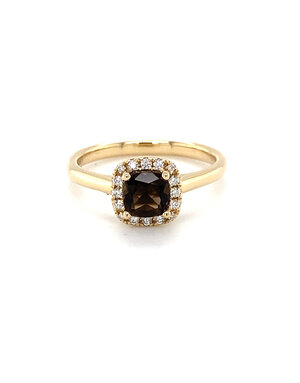 ROEMER ROEMER ring 14K geelgoud vierkant entourage rookkwarts met diamant 0.11ct 57