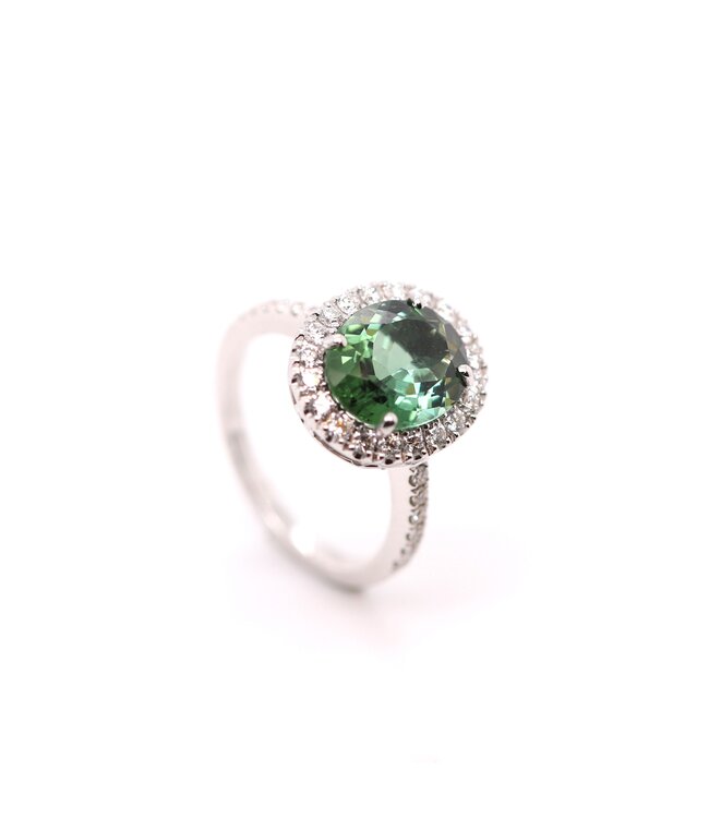 Positano witgouden ring met groene Toermalijn en diamant