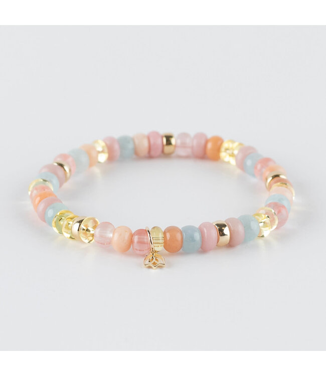 Y&G armband citrien,rookkwarts, avanturijn,aquamarijn,rhodochrosiet en 5 beads 14k goud
