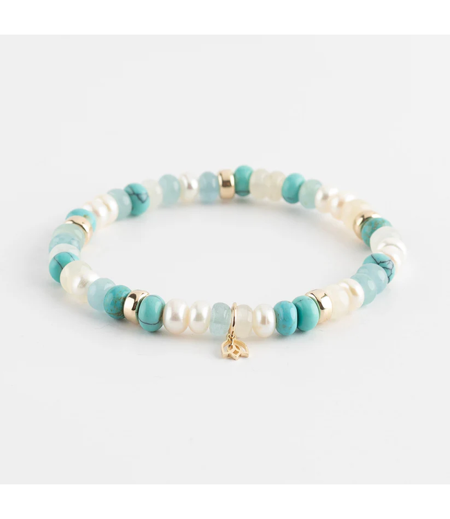 Y&G armband parel, aquamarijn,turquoise, maanstoon en 14k gouden beads SP0062