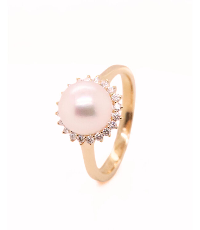 Passione 14K geelgouden ring met parel en diamant 0,23ct 54