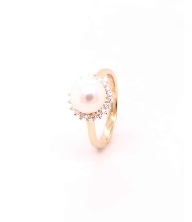 Passione 14K geelgouden ring met parel en diamant 0,23ct 54