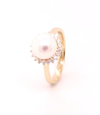 Passione Passione 14K geelgouden ring met parel en diamant 0,23ct 54