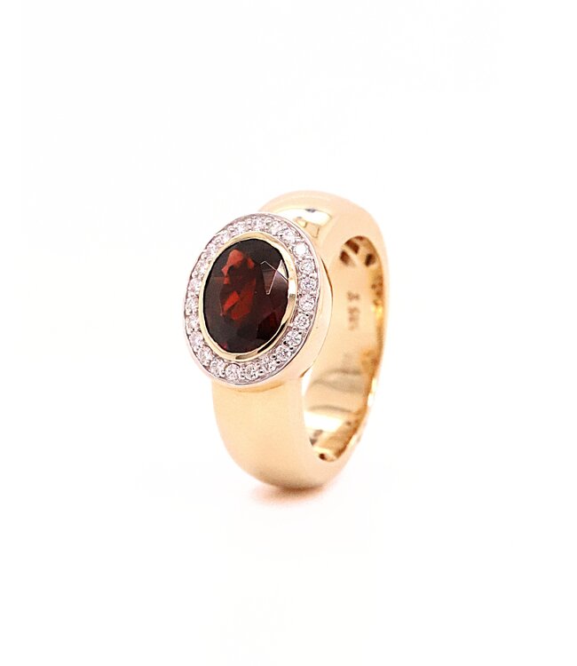 Passione 14K geelgouden ring met diamant 0,16ct en granaat 55
