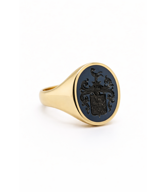 Herenring goud 14k met blauwlagen steen model 328 met wapengravure