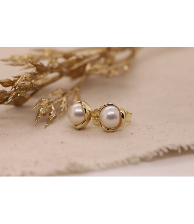 ROEMER Parel Oorknoppen Bloem 14k geelgoud 6mm