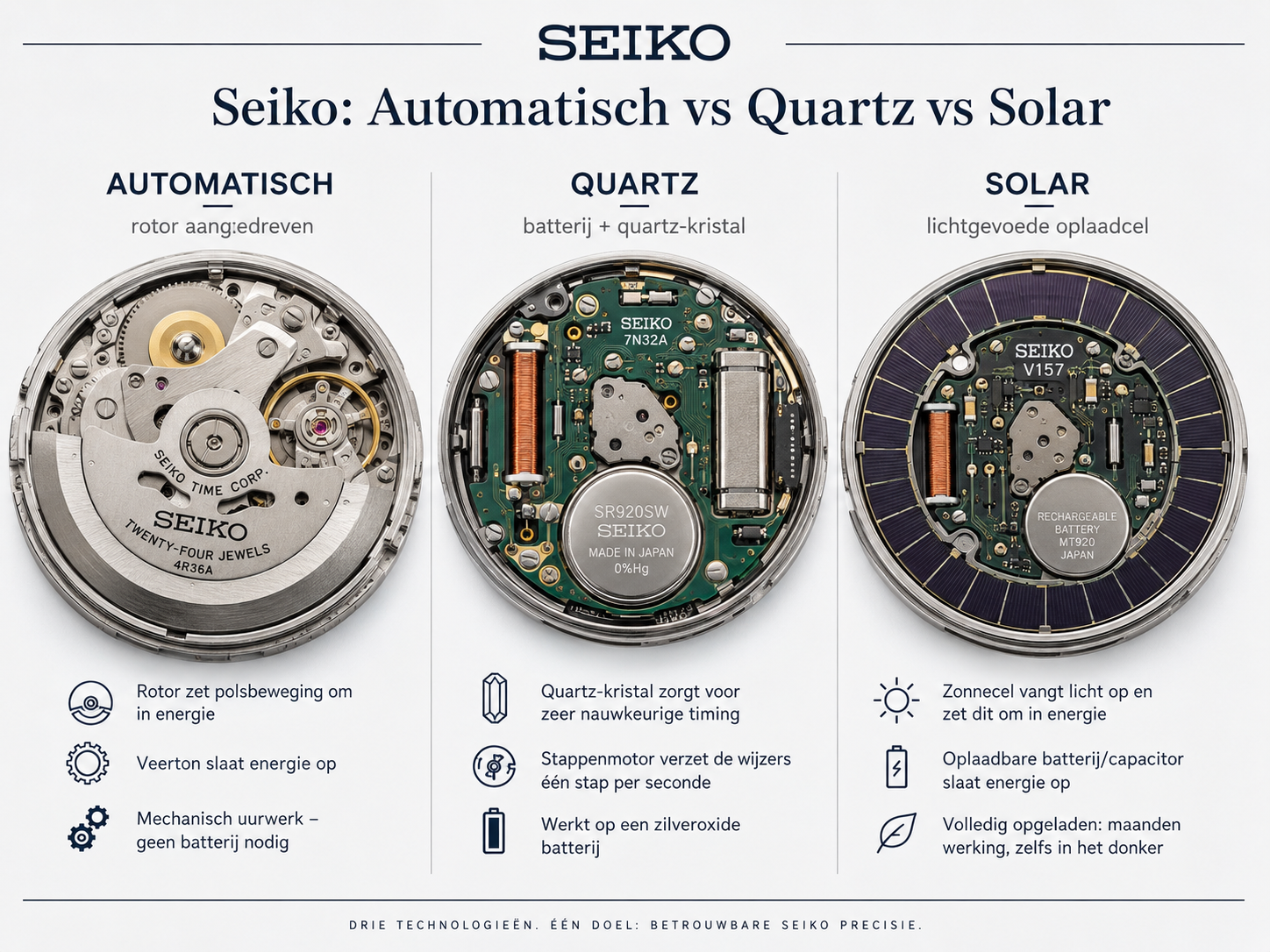 Wat is het verschil automatische, quartz en solar horloges?