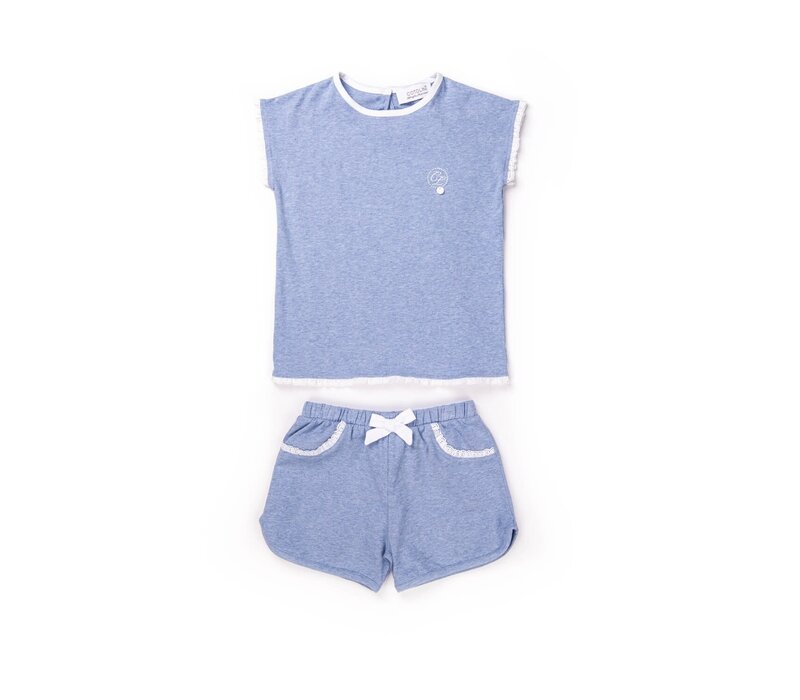 Cotolini Pyjama Fille Short Clémence Ciel Chiné + Blanc Maille