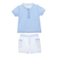 Patachou Nb Blauwe Shorts+Polo Set Embroidered Balloon